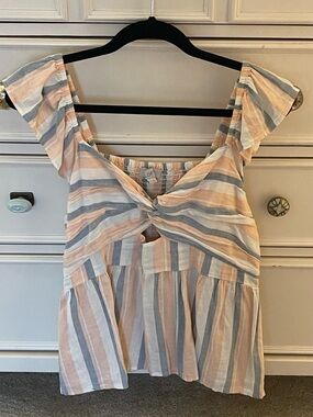 LOFT Pink & Blue Striped Tie-Front Peplum Top